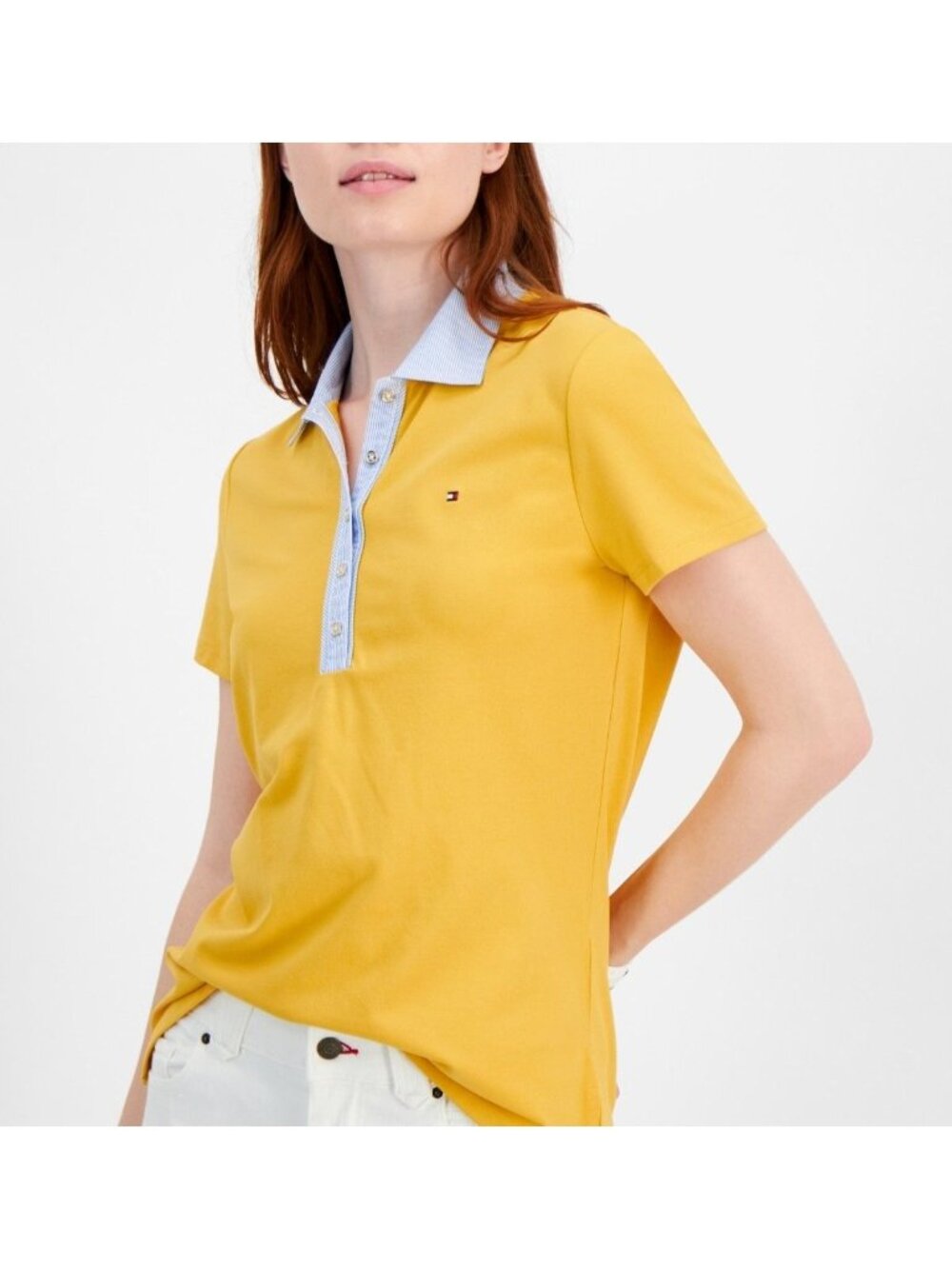 Tommy Hilfiger Womens Polo Shirt Striped Collar Short Sleeve Yellow Size XL NWT